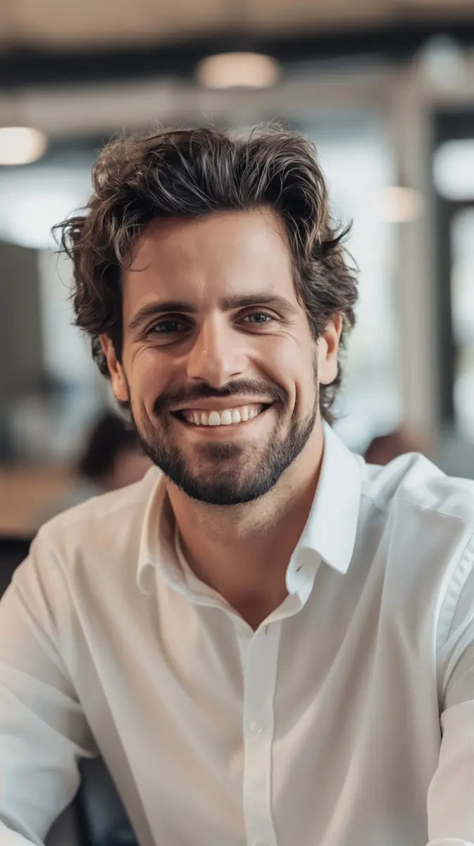 Retrato de un hombre mexicano joven, sonriente, con cabello castaño y camisa blanca. Testimonio de un cliente satisfecho de la Cruz del Padre Nuestro, collar masculino en acero inoxidable 316L que refleja fortaleza y elegancia. Accesorio premium para caballeros en México.