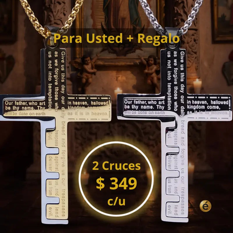 Colección Dúo Especial con dos collares Cruz del Padre Nuestro™ para hombre en acero inoxidable 316L, acabados dorado y plata, ideal para compartir un regalo con significado y elegancia en México.