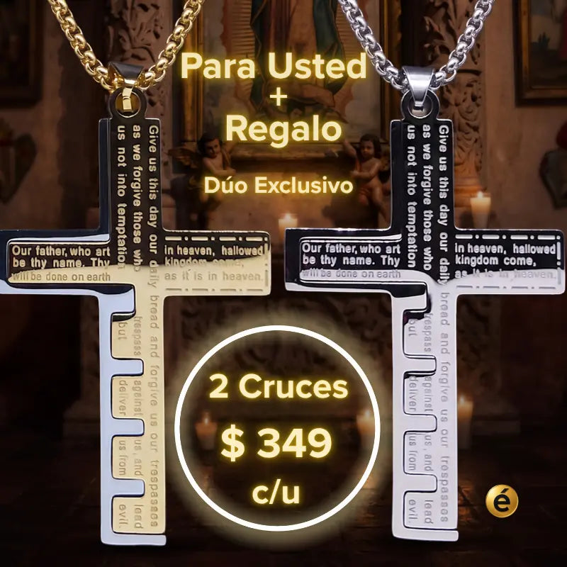 Colección Dúo Exclusivo con dos collares Cruz del Padre Nuestro™ para hombre en acero inoxidable 316L, en acabados dorado y plata. Diseño premium para quienes buscan estilo y calidad en México.