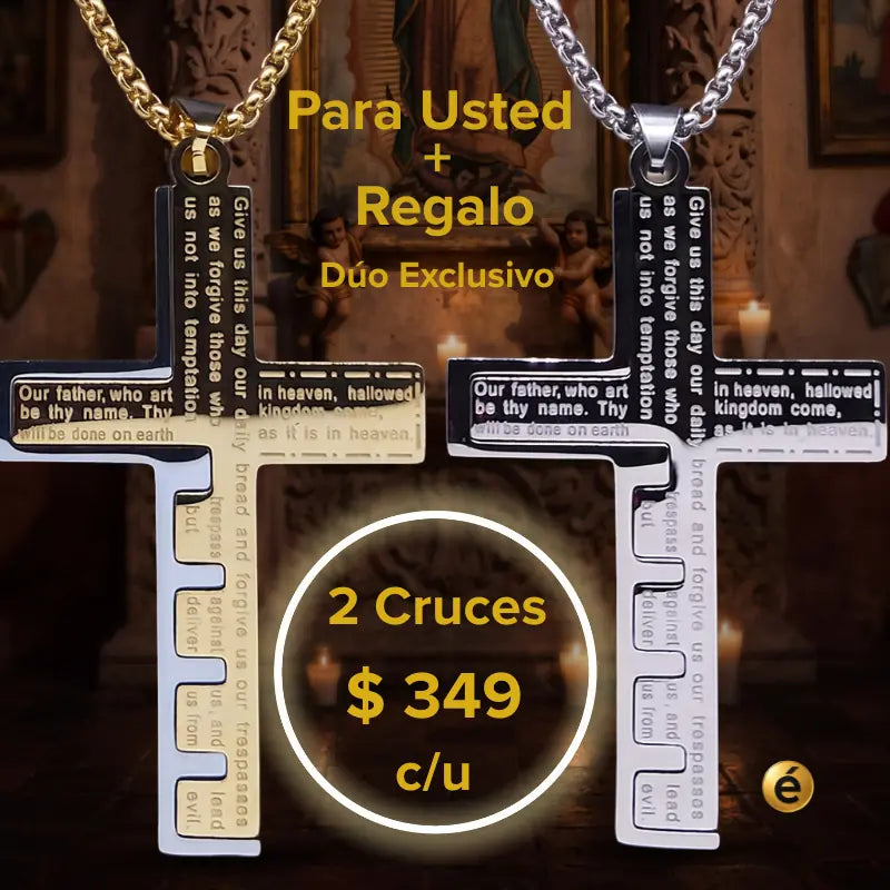 Colección Dúo Exclusivo con dos collares Cruz del Padre Nuestro™ para hombre en acero inoxidable 316L, en acabados dorado y plata. Diseño premium para quienes buscan estilo y calidad en México.