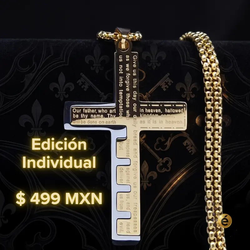 Collar Cruz Premium™ para hombre en acero inoxidable 316L color dorado con cadena de 60 cm. Diseño elegante con acabado premium para uso diario en México.