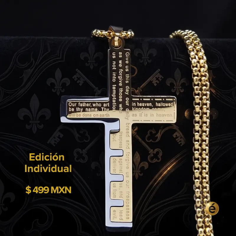 Collar Cruz Premium™ para hombre en acero inoxidable 316L color dorado con cadena de 60 cm. Diseño elegante con acabado premium para uso diario en México.