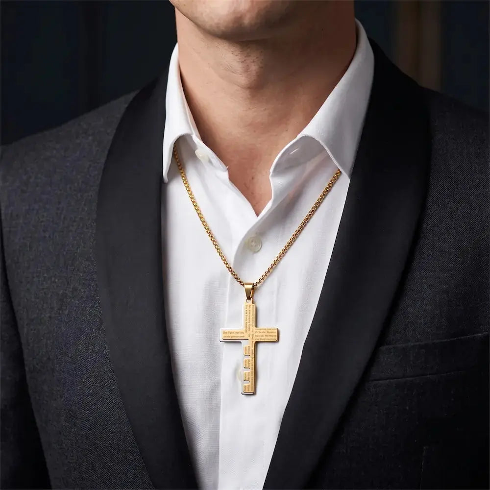 Hombre elegante usando el Collar Cruz Premium™ de Élite Luxe en acero inoxidable 316L color oro. Joya masculina premium inspirada en la fe que refleja elegancia, fortaleza y confianza para hombres en México.