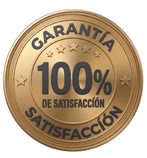 Sello premium dorado con la inscripción "100% Satisfacción Garantizada". Representa la confianza de compra, atención personalizada y pagos seguros con tarjetas Visa, Mastercard, American Express, PayPal, Google Pay y Apple Pay en Élite Luxe Store.