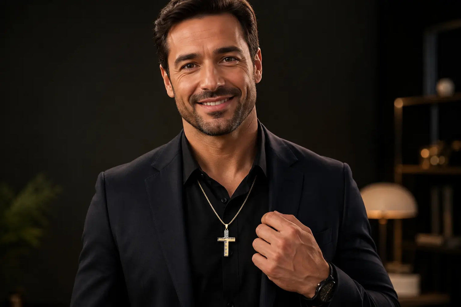 Hombre mexicano elegante con traje usando la Cruz del Padre Nuestro en acero inoxidable 316L. Joyería masculina premium con grabado de fe, protección y significado. Ideal para caballeros en México.