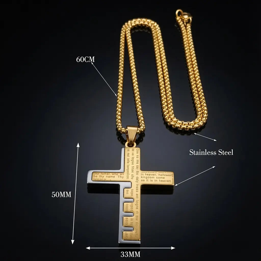 Medidas de la Cruz del Padre Nuestro: cadena de 60 cm y cruz de 50 × 33 mm en acero inoxidable 316L. Disponible en oro y plata. Joyería masculina elegante para uso diario o regalo en México.