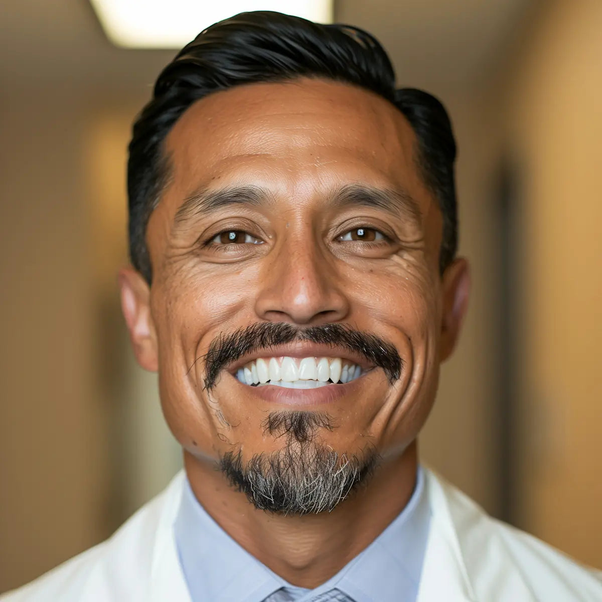 Hombre mexicano adulto sonriendo mientras comparte su experiencia con el Collar Cruz del Padre Nuestro de Élite Luxe. Testimonio de cliente satisfecho que destaca la calidad, elegancia, fe, protección y acabado premium de la joya en acero inoxidable para hombres en México.