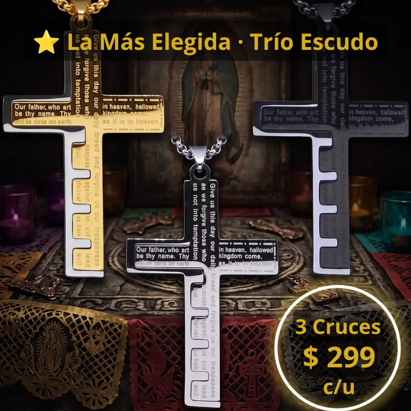 Colección Trío Escudo con tres collares Cruz del Padre Nuestro™ para hombre en acero inoxidable 316L en acabados dorado, plata y negro, inspirada en la elegancia, el significado y la presencia masculina para compartir un legado especial en México.