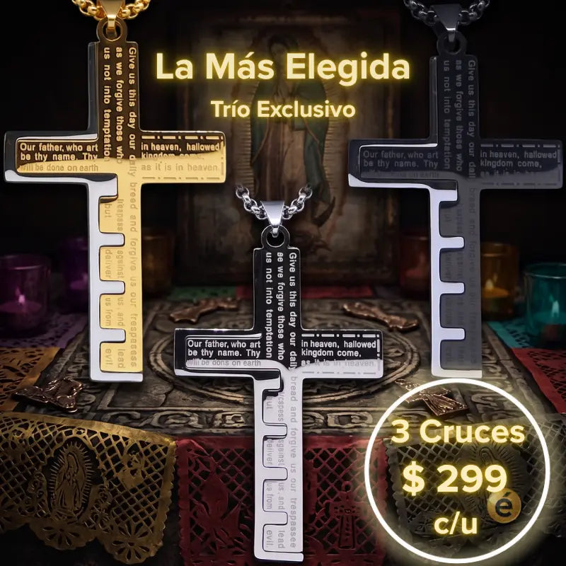 Colección Trío Exclusivo con tres collares Cruz del Padre Nuestro™ para hombre en acero inoxidable 316L, disponibles en acabados dorado, plata y negro. Diseño elegante con acabado premium, ideal para uso diario o para regalar en México.