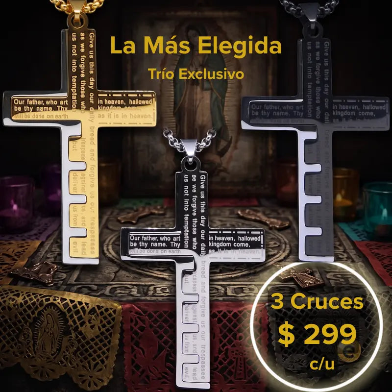 Colección Trío Exclusivo con tres collares Cruz del Padre Nuestro™ para hombre en acero inoxidable 316L, disponibles en acabados dorado, plata y negro. Diseño elegante con acabado premium, ideal para uso diario o para regalar en México.